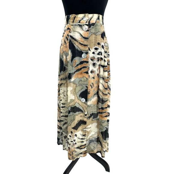 Vintage Tuzzi Animal Print Maxi Skirt Womens L Full Button Up Detail Flowy Artsy - Picture 2 of 8